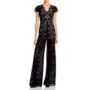 Womens Alice + Olivia Black Floral Lace Short Sleeve V-Neck Jumpsuit 0